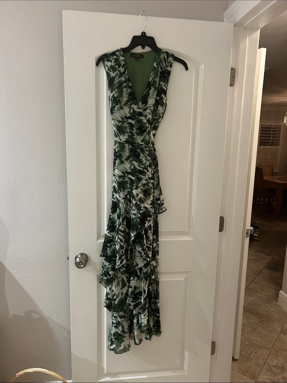 Sleeveless Green Printed Maxi Wrap Dress with Ruffle Cascade